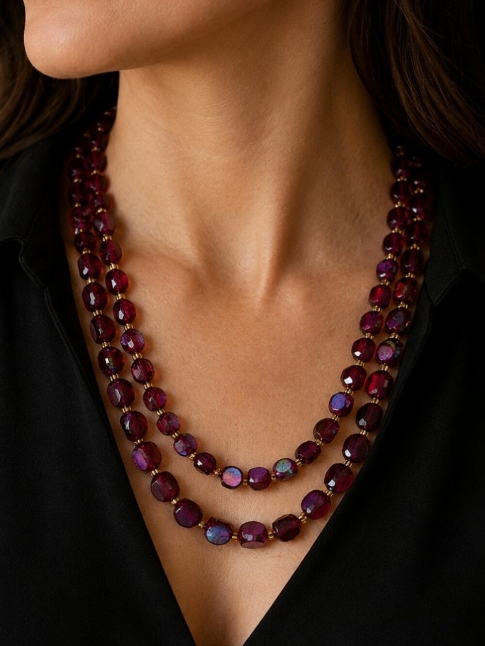 Western Germany Plastic Red Aurora Borealis Light Weight Beaded Vintage Necklace